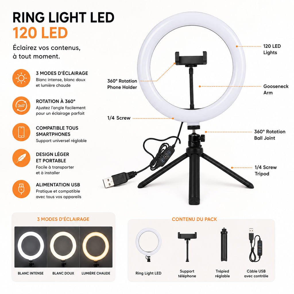 Ring Light 10" avec Trépied – Éclairage LED pour Téléphone