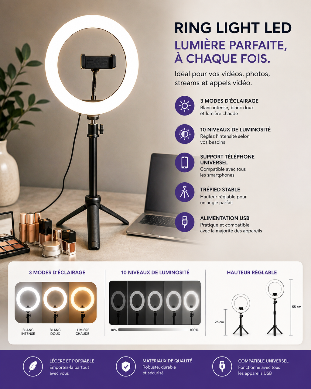 Ring Light 10" avec Trépied – Éclairage LED pour Téléphone